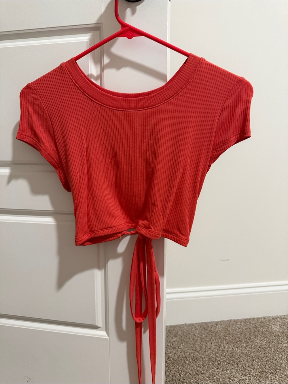 Tie-Front Ribbed Crop Top in Coral Red